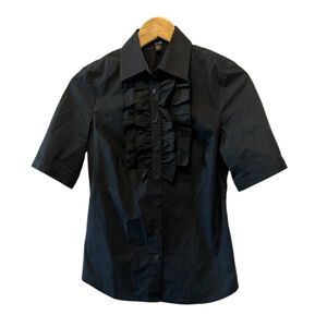 JACOB Black Ruffle Button Up Short Sleeve Collared Shirt XS
